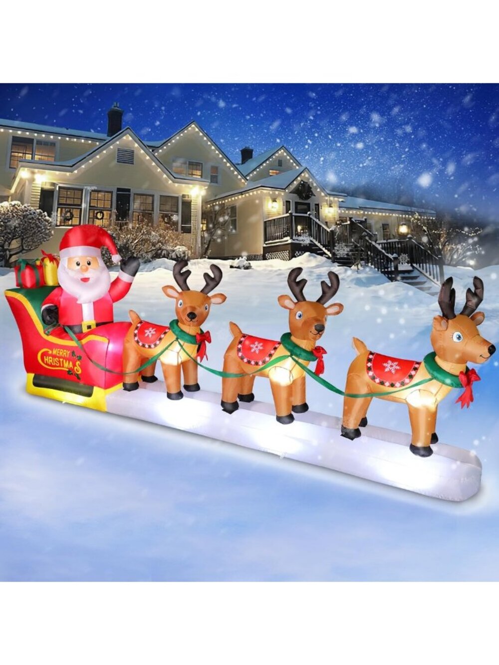 12FT Inflatable Santa Sleigh with 3 Reindeer - LED Christmas Yard Decoration